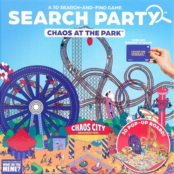 Search Party game box featuring a colorful amusement park with a blue Ferris wheel and an inset of the 3D pop-up board.