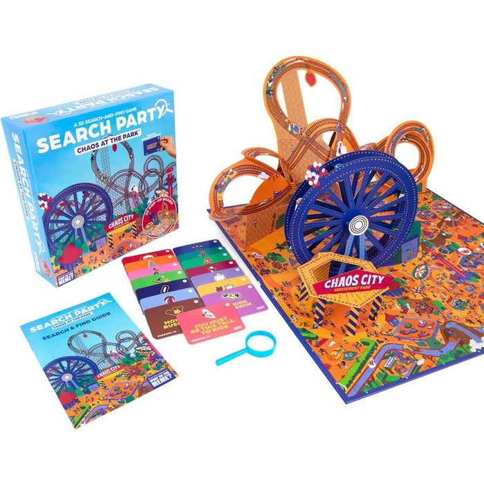 Search Party board game box with a 3D pop-up amusement park, colorful mission cards, and a blue magnifying glass.