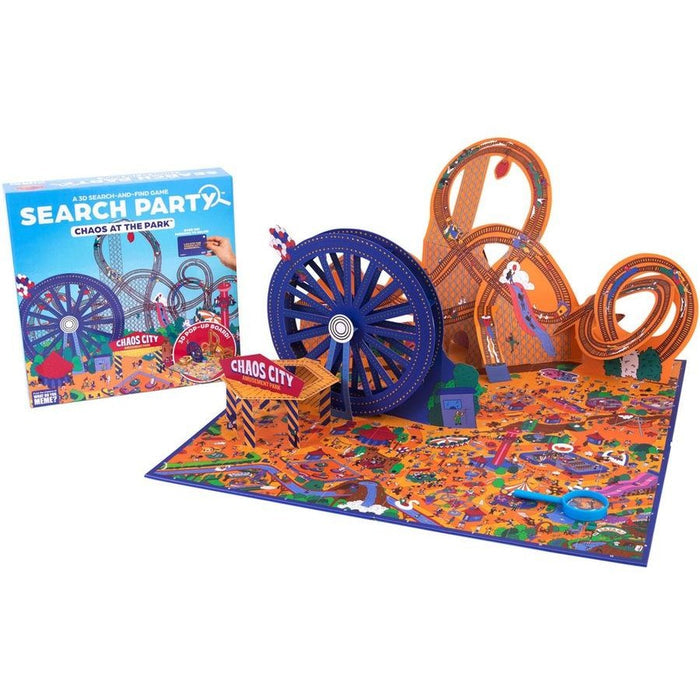 Search Party game box and 3D pop-up board with a blue Ferris wheel, orange roller coaster, and blue magnifying glass.