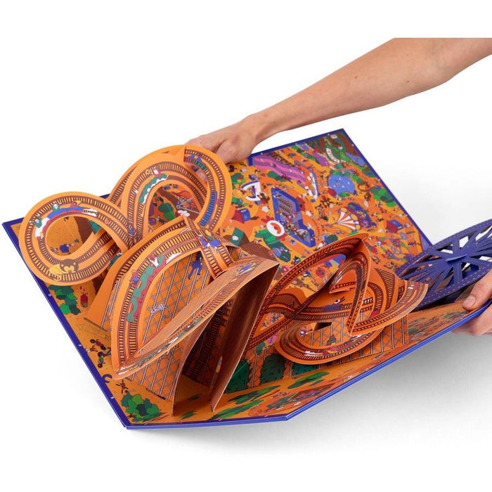 A 3D pop-up board game featuring an orange roller coaster and detailed, vibrant amusement park illustrations.
