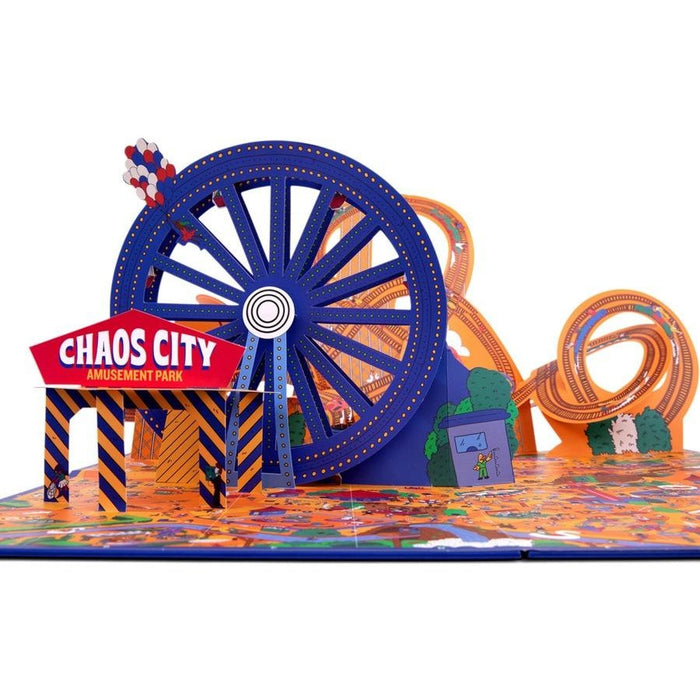 3D pop-up board game featuring a blue Ferris wheel, orange roller coaster, and red Chaos City sign on a colorful map.