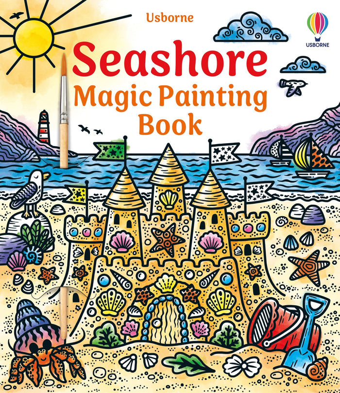 Vibrant Usborne book cover featuring a sandcastle, sea creatures, and paintbrushes in a bright beach scene.