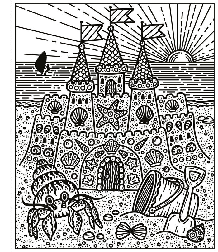Black and white line art coloring page of an intricate sandcastle, hermit crab, and beach toys.