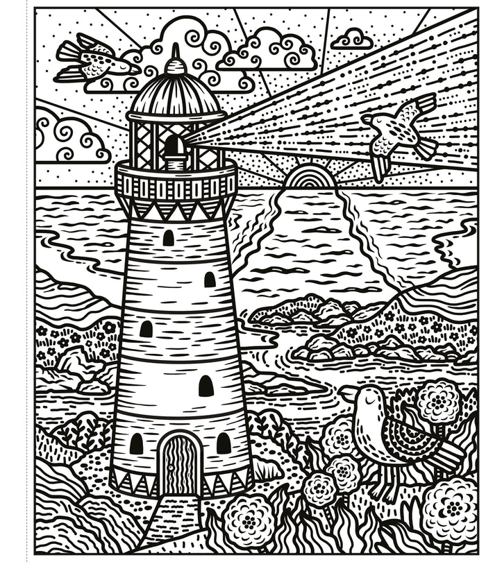 Intricate black and white line art of a coastal lighthouse, seagulls, and a setting sun over the sea for coloring.