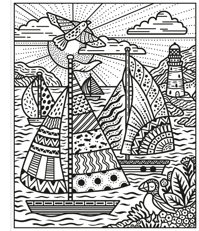 Black and white line art of patterned sailboats, a lighthouse, and a puffin in a coastal scene.