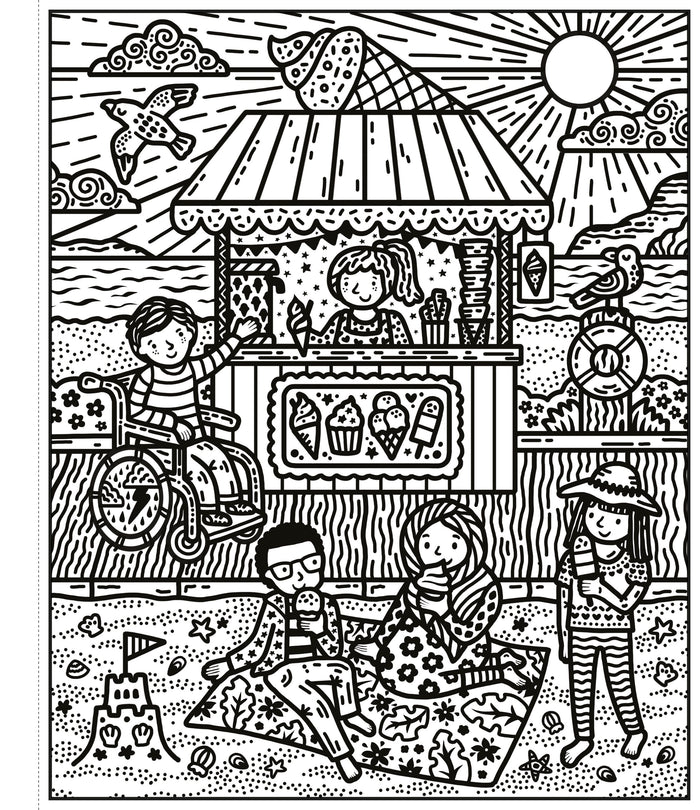 Black and white line art of children enjoying treats at a beach ice cream stand with a sandcastle and seaside details.