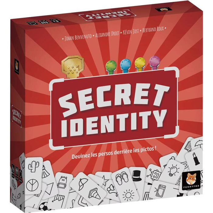 Red square game box with orange sunburst rays, a gold key icon, and white cards featuring black line-art icons.
