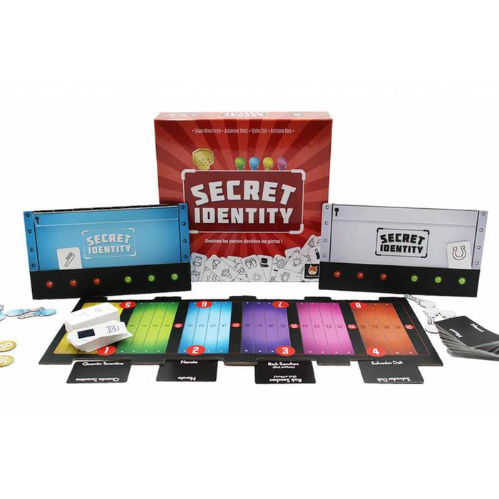 Red Secret Identity box with colorful numbered boards, player screens, and name cards spread out on a white surface.