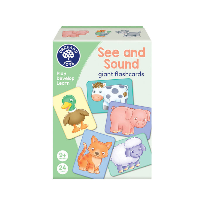Orchard Toys flashcards box featuring colorful illustrations of a duck, cow, pig, cat, and sheep for ages 9+ months.