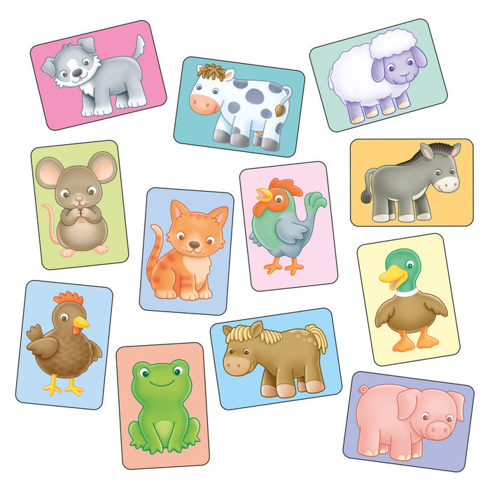 Twelve colorful rectangular flashcards featuring cute cartoon animal illustrations like a dog, cat, pig, and horse.