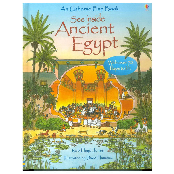 Colorful children's book cover featuring a bustling Egyptian temple scene, palm trees, and a pond with lily pads.