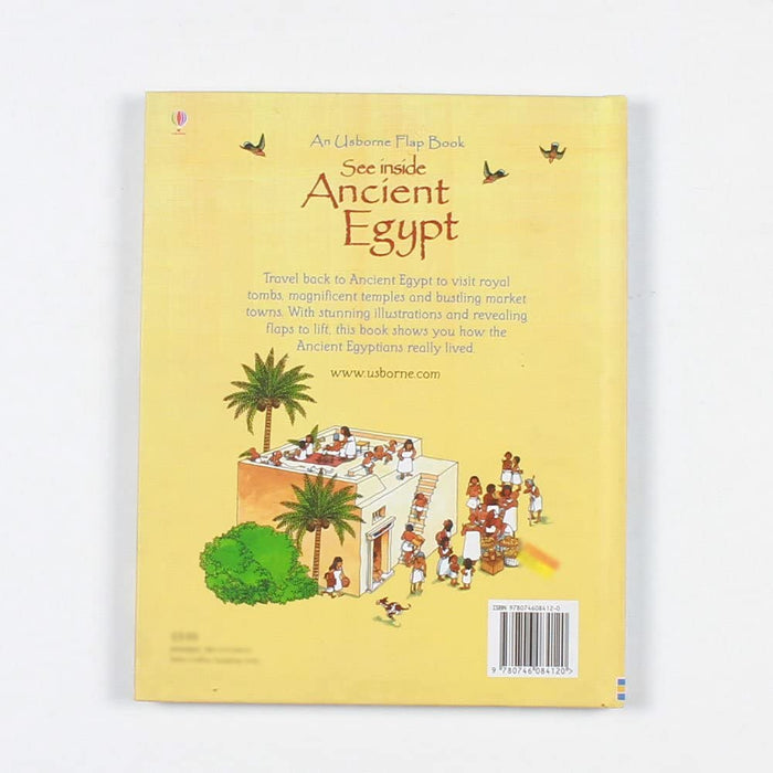Back cover of yellow children's book featuring illustrations of people, palm trees, and an ancient Egyptian house.