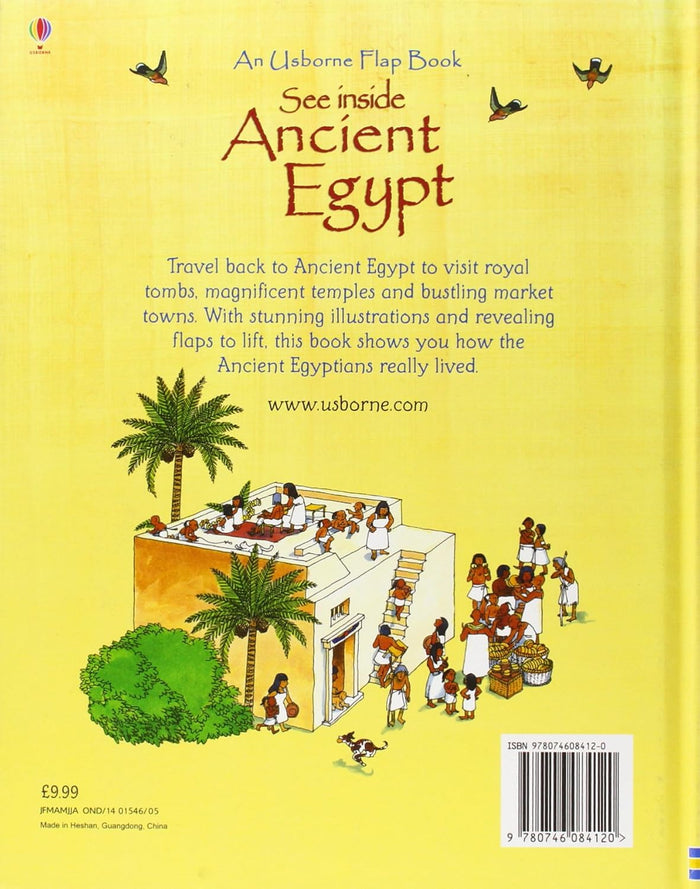 Yellow back cover of See inside Ancient Egypt book with an illustration of people and buildings in ancient Egypt.