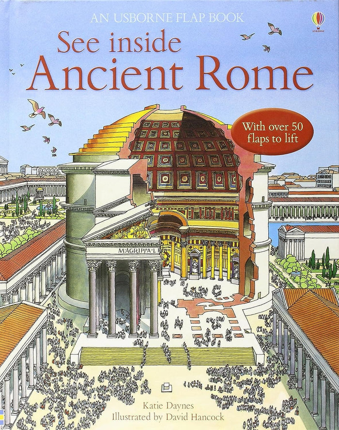 Usborne flap book cover with a cutaway illustration of the Roman Pantheon and a badge for over 50 flaps to lift.
