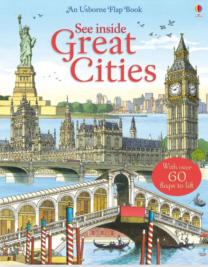 Illustrated book cover of world landmarks like Big Ben and the Statue of Liberty with a red 60 flaps to lift badge.