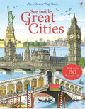 Illustrated book cover of world landmarks like Big Ben and the Statue of Liberty with a red 60 flaps to lift badge.
