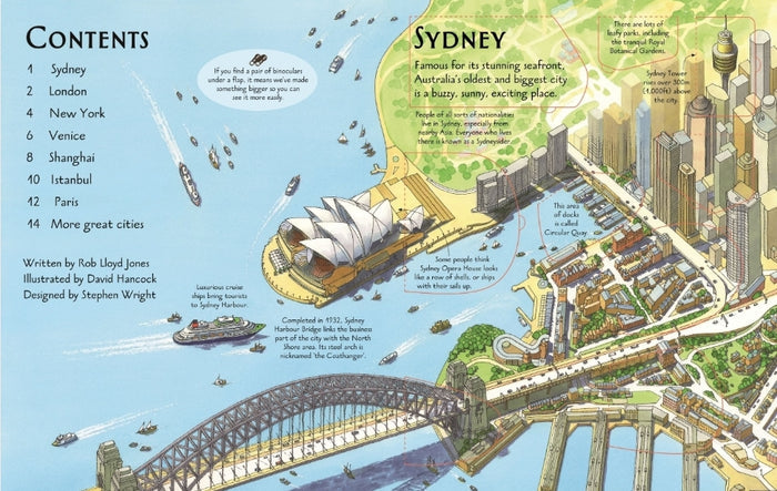 Vibrant illustration of Sydney's Opera House and Harbour Bridge next to a table of contents listing world cities.