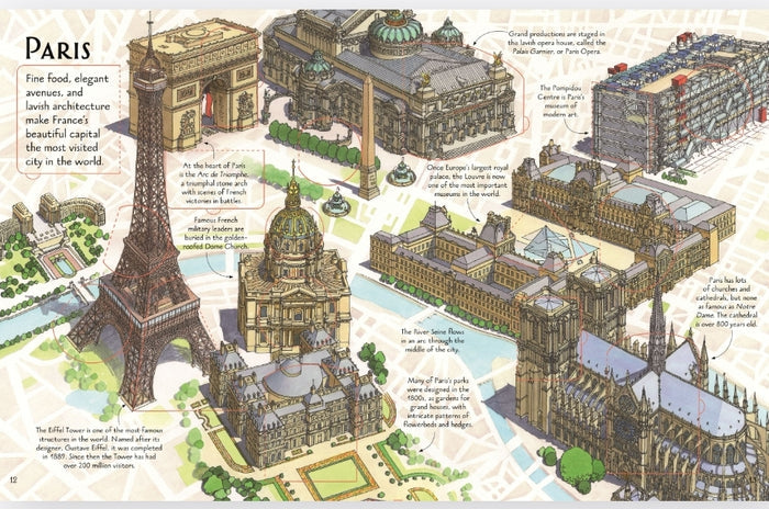 Detailed illustration of Paris landmarks like the Eiffel Tower and Louvre with educational text boxes.