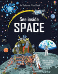 See Inside Space flap book cover with an astronaut on the moon, lunar lander, and Earth against a dark starry sky.
