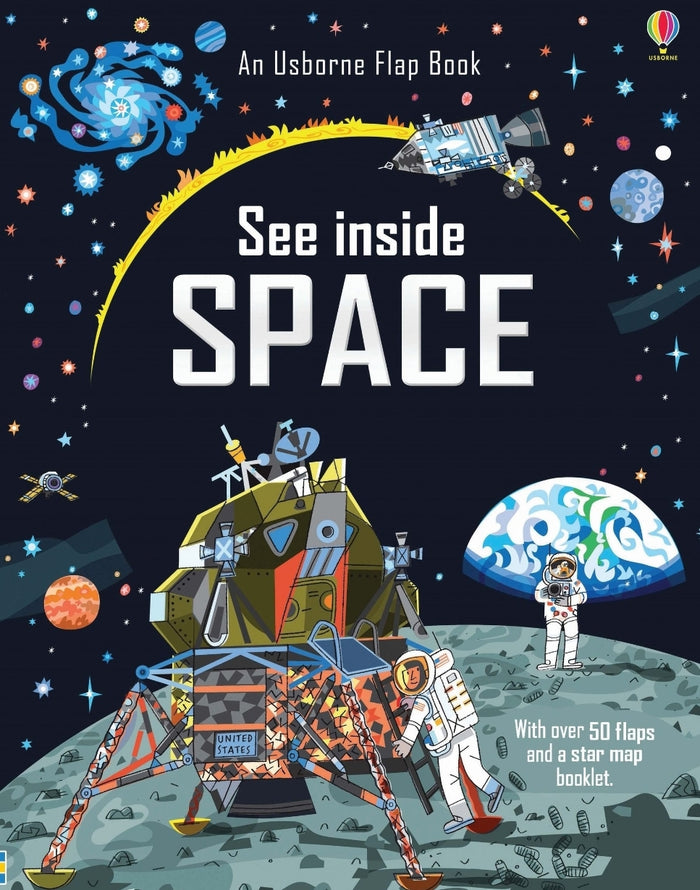 See Inside Space flap book cover with an astronaut on the moon, lunar lander, and Earth against a dark starry sky.