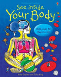 Children's book cover with a yellow human outline showing organs and bones, featuring characters lifting flaps on blue.