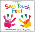 Book cover with colorful "See, Touch, Feel" title above two multi-colored paint handprints on a white background.