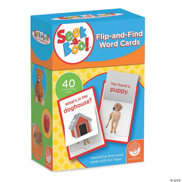 MindWare Seek-a-Boo box featuring 40 lift-the-flap cards, showing a puppy under a doghouse and animal illustrations.