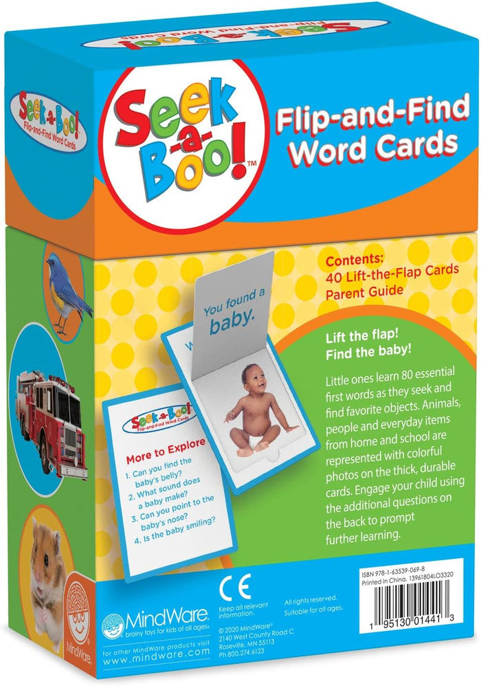 Seek-a-Boo! Flip-and-Find Word Cards box with illustrations of a bird, hamster, truck, and a lift-the-flap baby card.