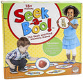 Yellow Seek-a-Boo game box showing toddlers playing with large circular photo cards of an apple and kitten.
