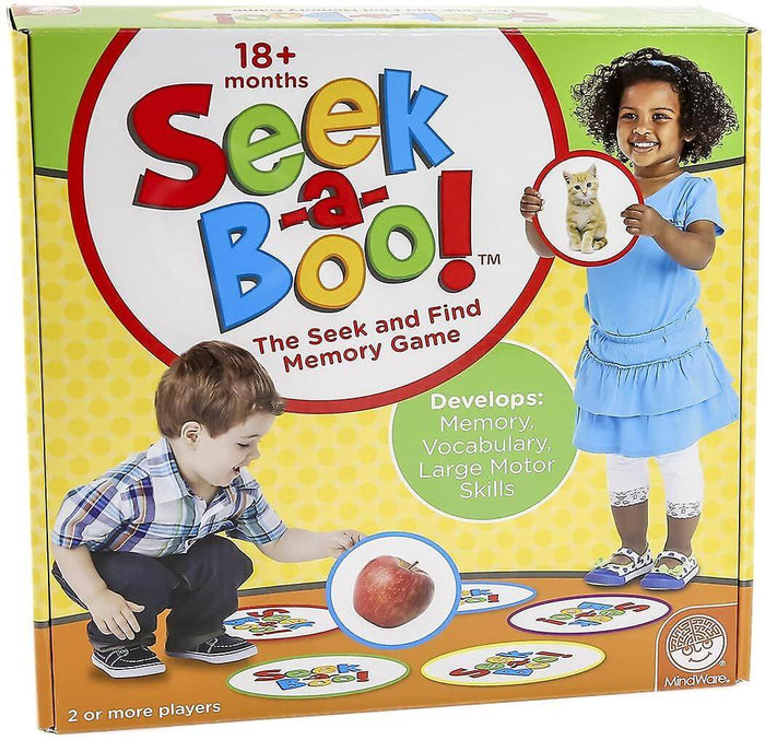 Yellow Seek-a-Boo game box showing toddlers playing with large circular photo cards of an apple and kitten.