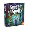 Board game box featuring a wizard with a mushroom hat facing a swirling blue portal in a lush, green magical forest.