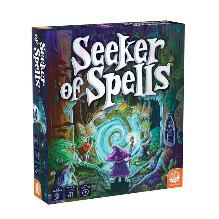 Board game box featuring a wizard with a mushroom hat facing a swirling blue portal in a lush, green magical forest.