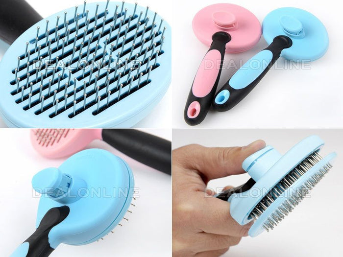 Blue self-cleaning pet grooming brush by dealonline.co.nz, designed for dogs and cats, with a comfortable handle and easy hair removal.