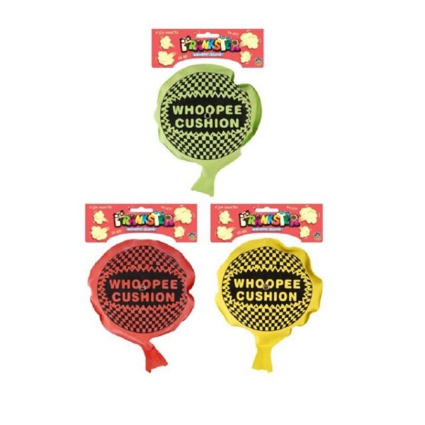 Three round whoopee cushions in green, red, and yellow with checkerboard designs and Prankster packaging.