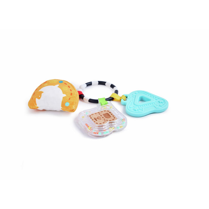 Striped ring holding a yellow plush semi-circle, clear bead rattle, and a teal textured triangular teether.