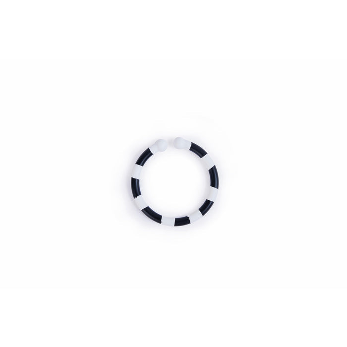 Black and white striped circular sensory ring with rounded ends on a white background.