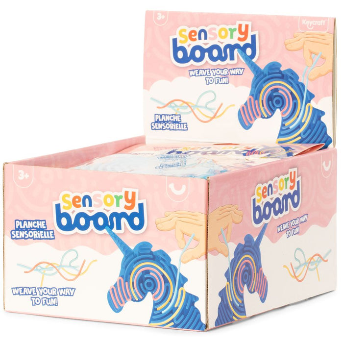 Pink display box for unicorn sensory board toys featuring a blue unicorn shape and colorful strings for weaving.