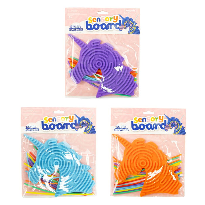 Three unicorn-shaped silicone maze boards in purple, blue, and orange with colorful sticks in clear packaging.