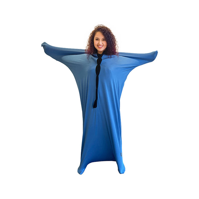 Woman wearing a blue stretchy sensory body sock with arms outstretched, highlighting the flexible, full-body fabric.