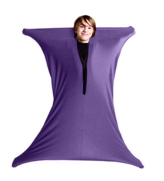 Child inside a purple stretchy body sock, stretching their arms and legs to form a four-pointed star shape.