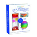 Fun & Focus Pack box containing a liquid motion timer, a zipper fidget, and a rainbow-colored squishy ball.