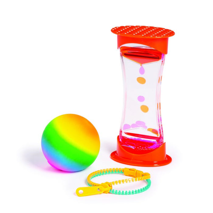 Rainbow stress ball, orange liquid timer with pink and orange drops, and a yellow and green zipper bracelet.
