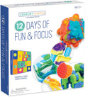 White and blue box with 12 numbered compartments and images of tactile fidget toys, including a bumpy rainbow ball.