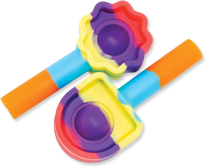 Two colorful tie-dye silicone fidget pop toys with handles, one flower-shaped and one rounded.