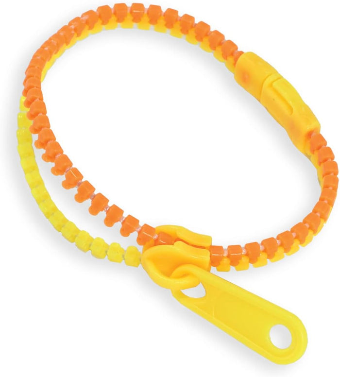 Orange and yellow plastic zipper fidget bracelet with a yellow slider pull tab.