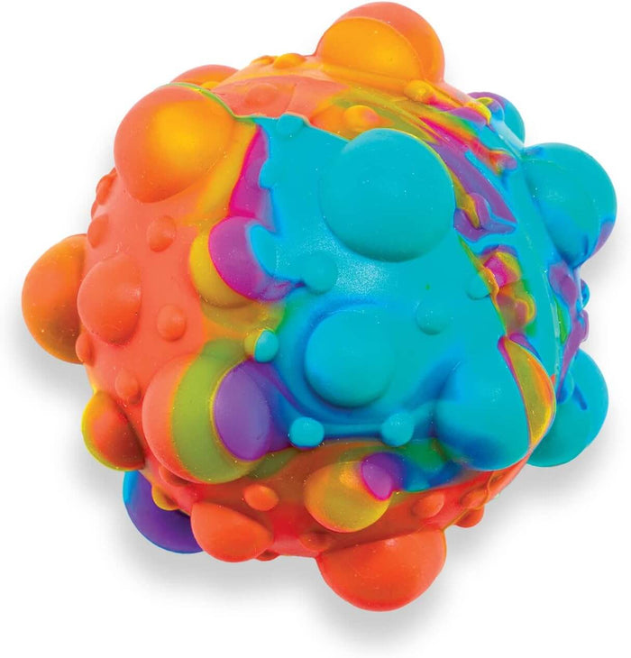 Colorful tie-dye sensory ball with raised pop-it bubbles in shades of orange, yellow, teal, and purple.