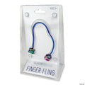Blue cord fidget toy with two iridescent weighted beads on the ends, shown in clear plastic retail packaging.