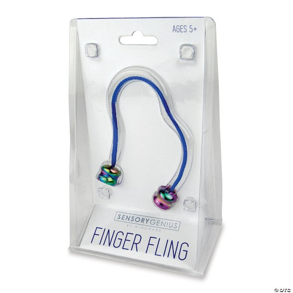 Blue cord fidget toy with two iridescent weighted beads on the ends, shown in clear plastic retail packaging.