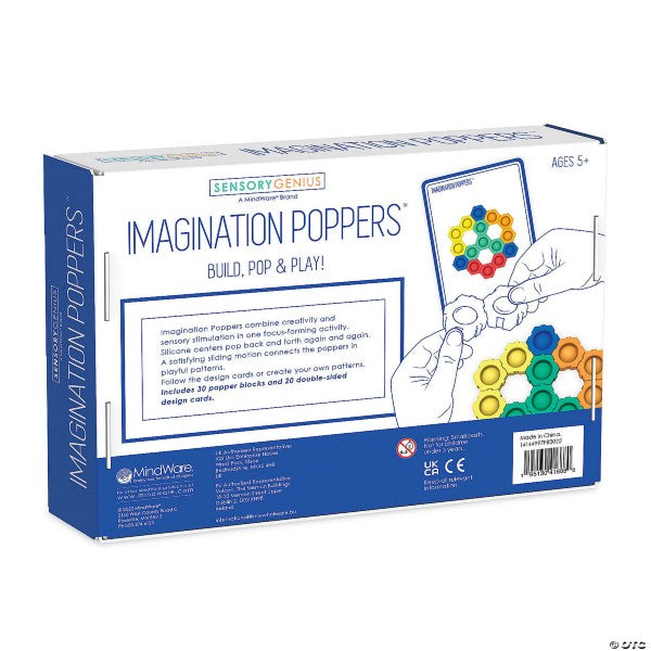 White and blue toy box featuring colorful hexagonal fidget blocks and illustrations of hands using pattern cards.