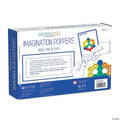 White and blue toy box featuring colorful hexagonal fidget blocks and illustrations of hands using pattern cards.